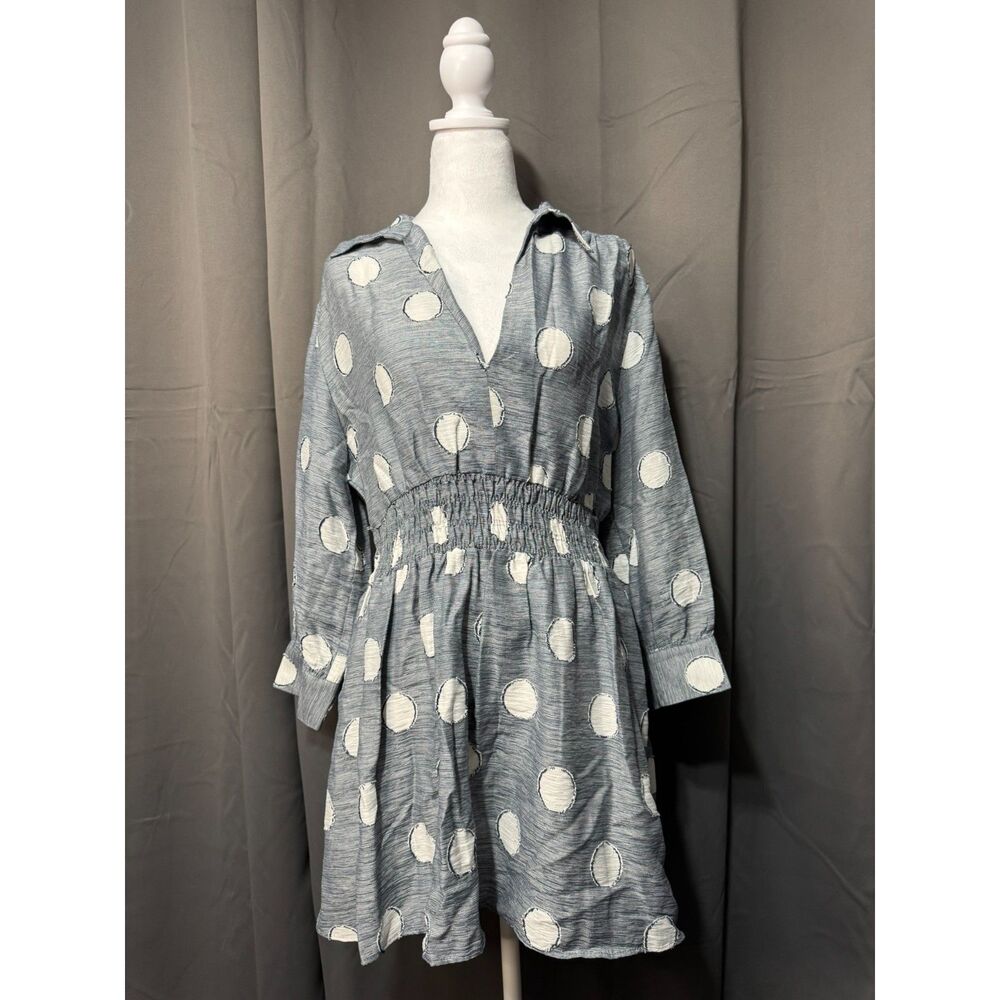 Zara Polka Dot Dress Women Large Blue White V Neck Smocked Waist Mini